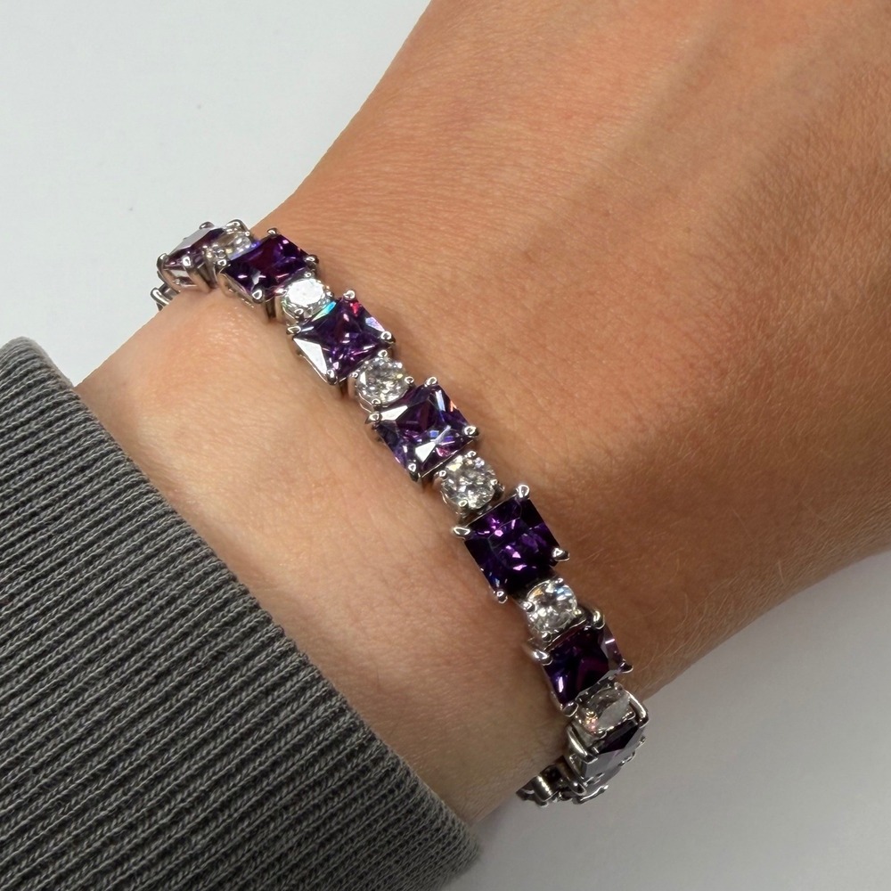 FAS Tennis Bracelet Purple Square CZ 925 Sterling Silver Women OS Vintage